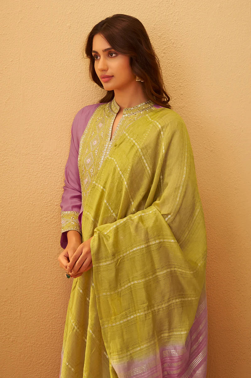 Light Pink Roman Silk Embroidered Flared Kurta Set Dupatta