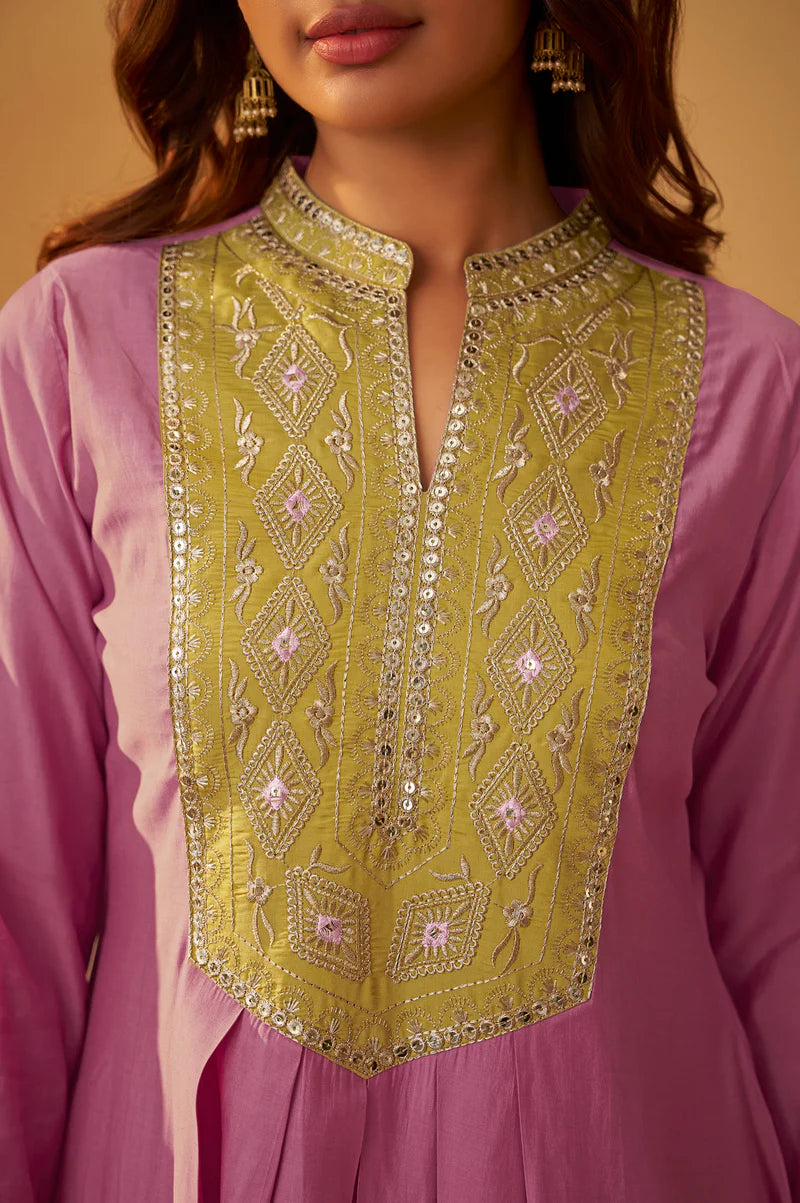 Light Pink Roman Silk Embroidered Flared Kurta Set Dupatta