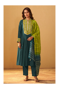 Dark Green Roman Silk Embroidered Flared Kurta Set Dupatta