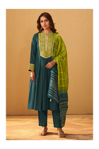 Dark Green Roman Silk Embroidered Flared Kurta Set Dupatta