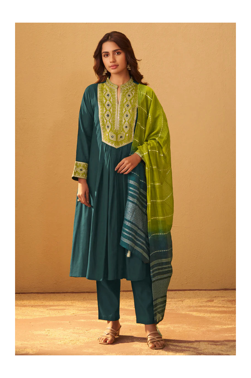 Dark Green Roman Silk Embroidered Flared Kurta Set Dupatta