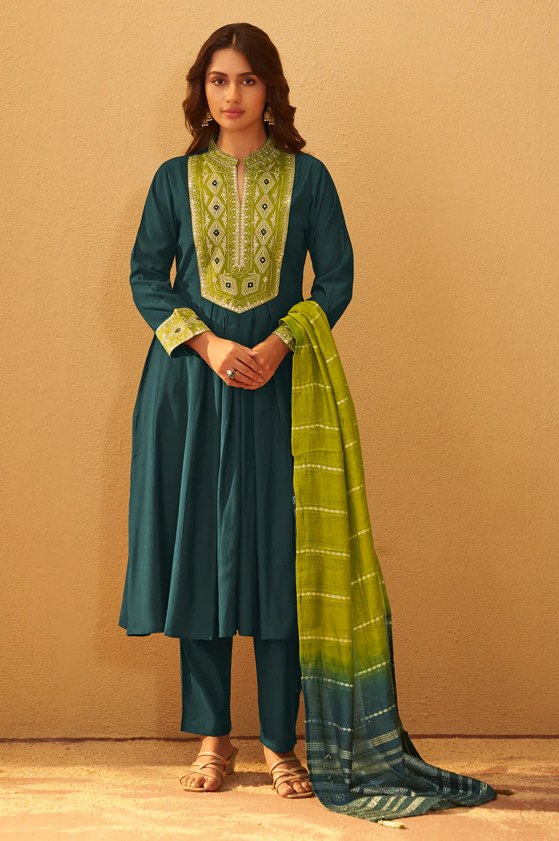 Dark Green Roman Silk Embroidered Flared Kurta Set Dupatta