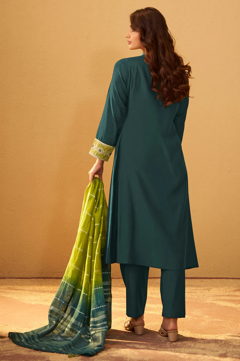 Dark Green Roman Silk Embroidered Flared Kurta Set Dupatta