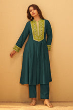 Dark Green Roman Silk Embroidered Flared Kurta Set Dupatta