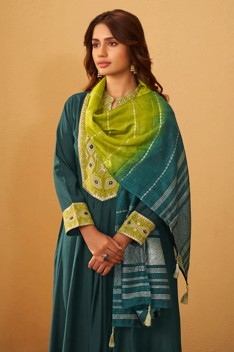 Dark Green Roman Silk Embroidered Flared Kurta Set Dupatta
