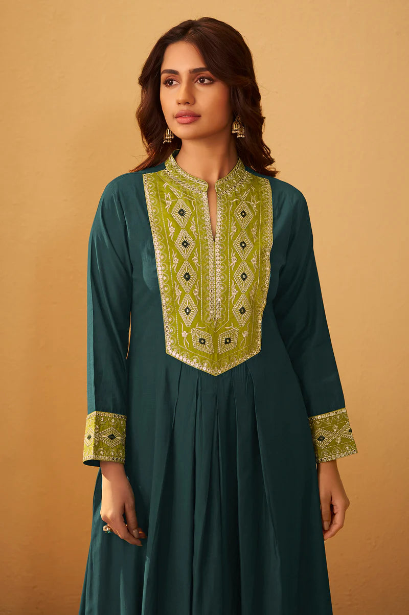 Dark Green Roman Silk Embroidered Flared Kurta Set Dupatta