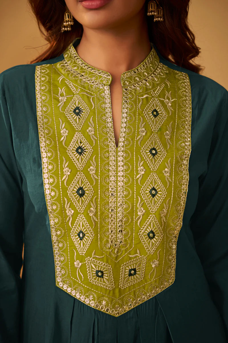 Dark Green Roman Silk Embroidered Flared Kurta Set Dupatta