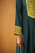 Dark Green Roman Silk Embroidered Flared Kurta Set Dupatta