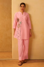 Women Pink Pure Cotton Embroidered Straight Kurta Co-Ord Set