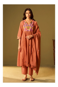 Orange Pure Cotton Embroidered Kurta Set with Dupatta