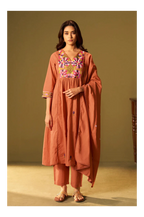 Orange Pure Cotton Embroidered Kurta Set with Dupatta