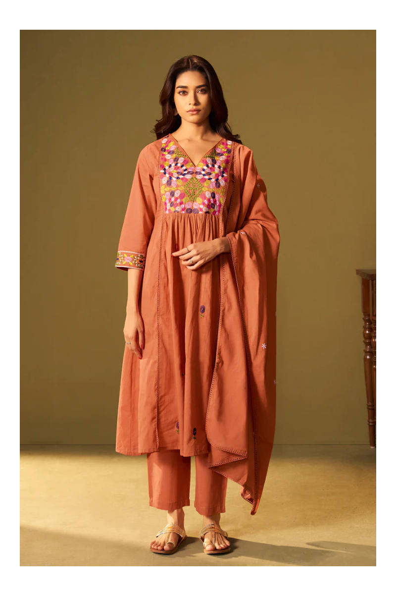 Orange Pure Cotton Embroidered Kurta Set with Dupatta