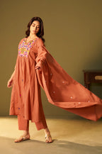 Orange Pure Cotton Embroidered Kurta Set with Dupatta