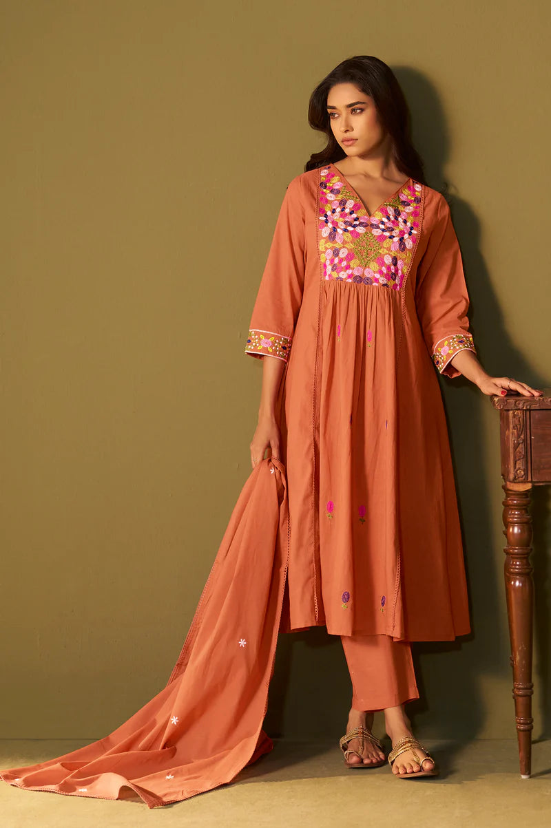Orange Pure Cotton Embroidered Kurta Set with Dupatta