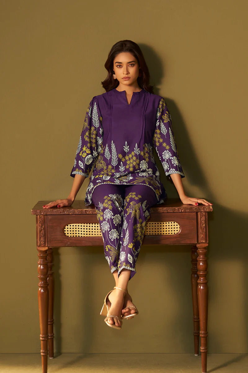 Purple Rayon Floral Printed Co-Ord Set