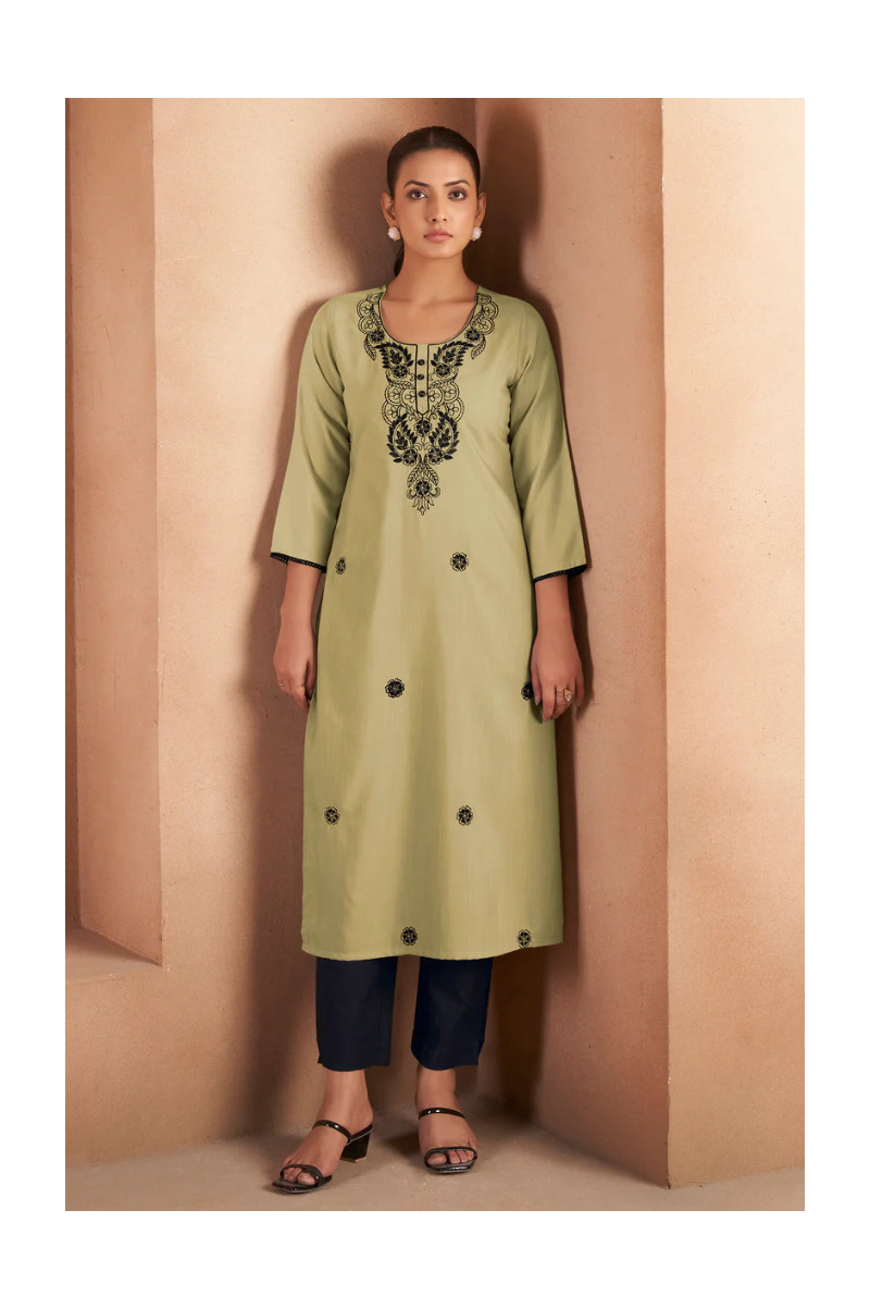 Pista Green Cotton Blend Chikankari Embroidered Kurta