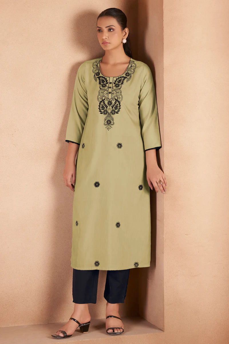 Pista Green Cotton Blend Chikankari Embroidered Kurta