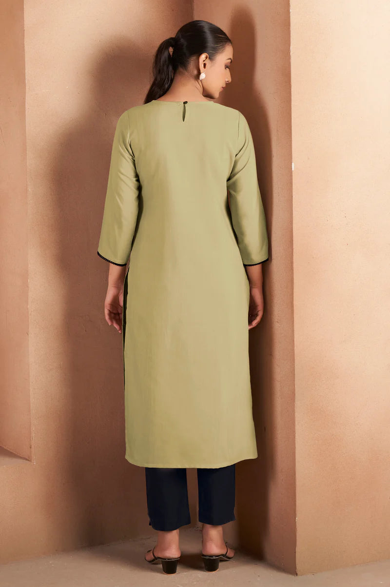 Pista Green Cotton Blend Chikankari Embroidered Kurta