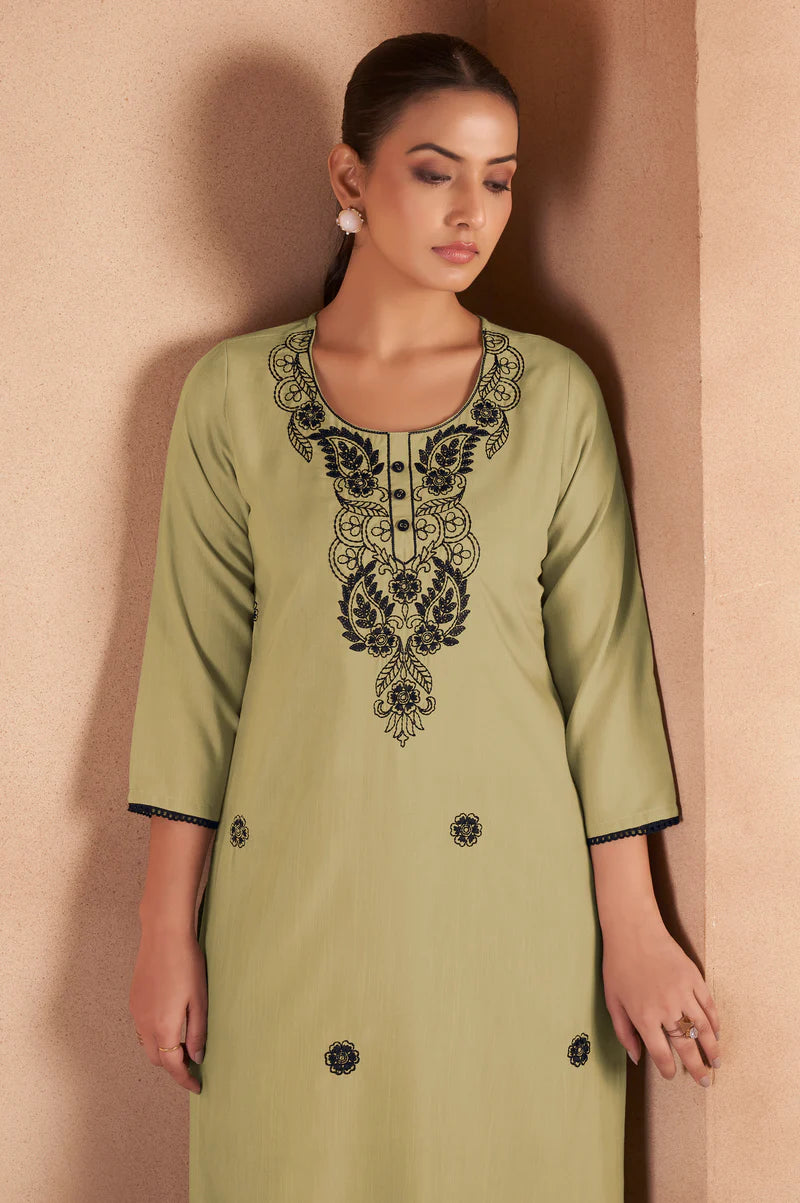 Pista Green Cotton Blend Chikankari Embroidered Kurta