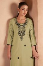 Pista Green Cotton Blend Chikankari Embroidered Kurta