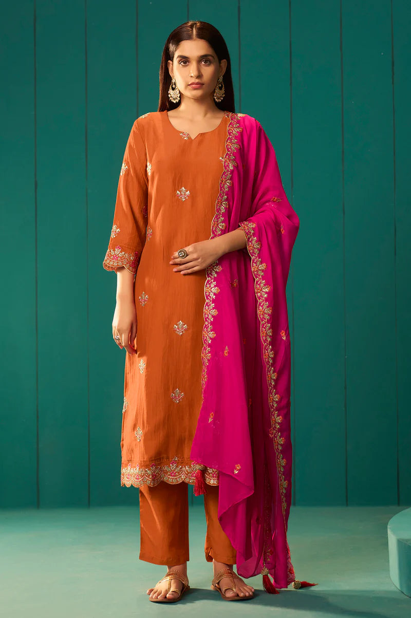 Pink Chinnon Embroidered Kurta Set With Dupatta