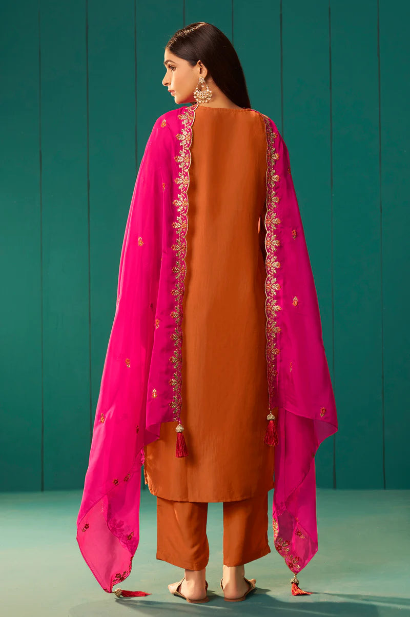 Pink Chinnon Embroidered Kurta Set With Dupatta