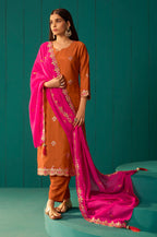Pink Chinnon Embroidered Kurta Set With Dupatta
