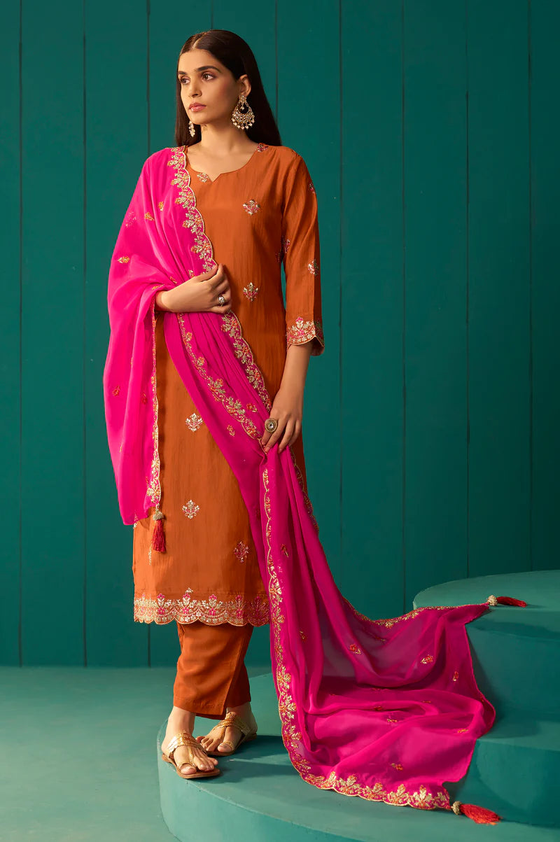 Pink Chinnon Embroidered Kurta Set With Dupatta