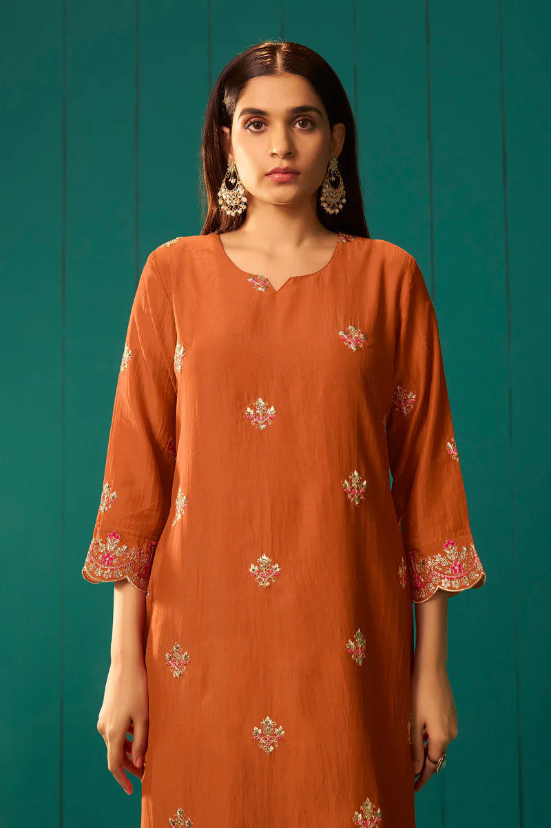 Pink Chinnon Embroidered Kurta Set With Dupatta