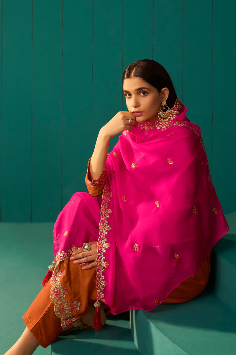 Pink Chinnon Embroidered Kurta Set With Dupatta