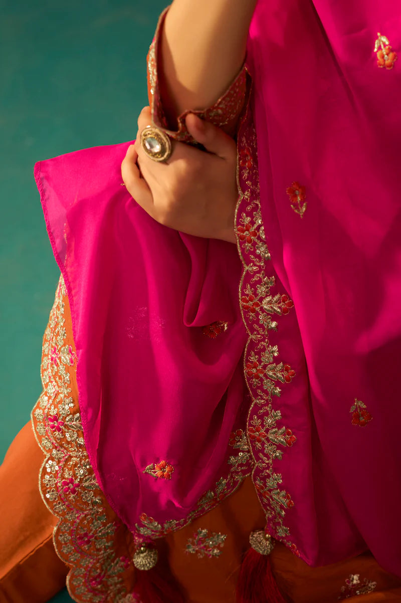 Pink Chinnon Embroidered Kurta Set With Dupatta