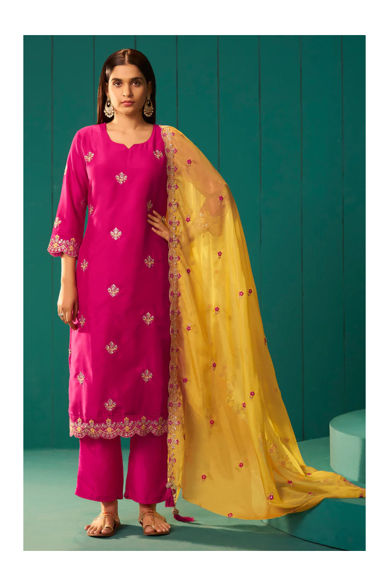 Pink Chinnon Embroidered Kurta Set With Dupatta
