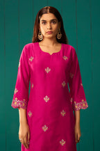 Pink Chinnon Embroidered Kurta Set With Dupatta