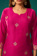 Pink Chinnon Embroidered Kurta Set With Dupatta