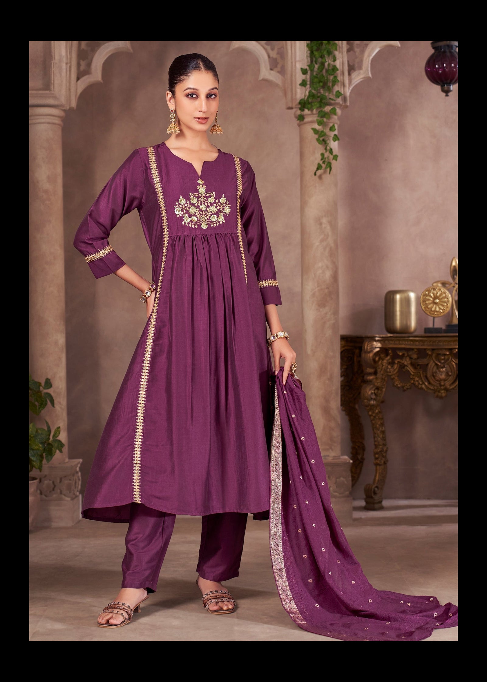 Wine Chinnon Embroidered Flared Kurta Set with Jacquard Chanderi Dupatta