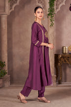 Wine Chinnon Embroidered Flared Kurta Set with Jacquard Chanderi Dupatta