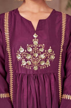 Wine Chinnon Embroidered Flared Kurta Set with Jacquard Chanderi Dupatta