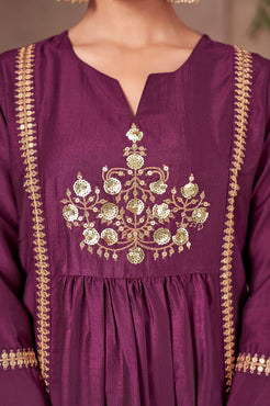 Wine Chinnon Embroidered Flared Kurta Set with Jacquard Chanderi Dupatta