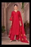 Red Chinnon Embroidered Straight Kurta Set
