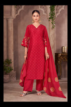Red Chinnon Embroidered Straight Kurta Set