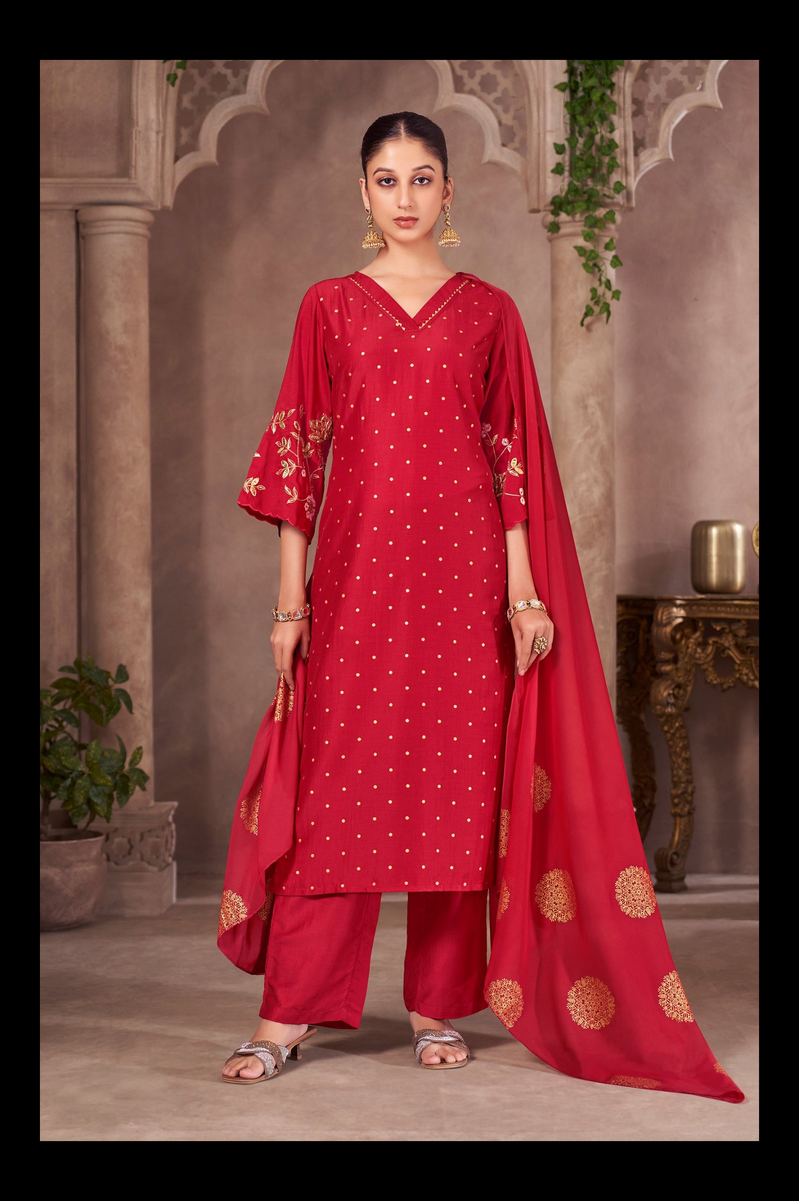 Red Chinnon Embroidered Straight Kurta Set