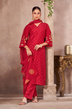 Red Chinnon Embroidered Straight Kurta Set