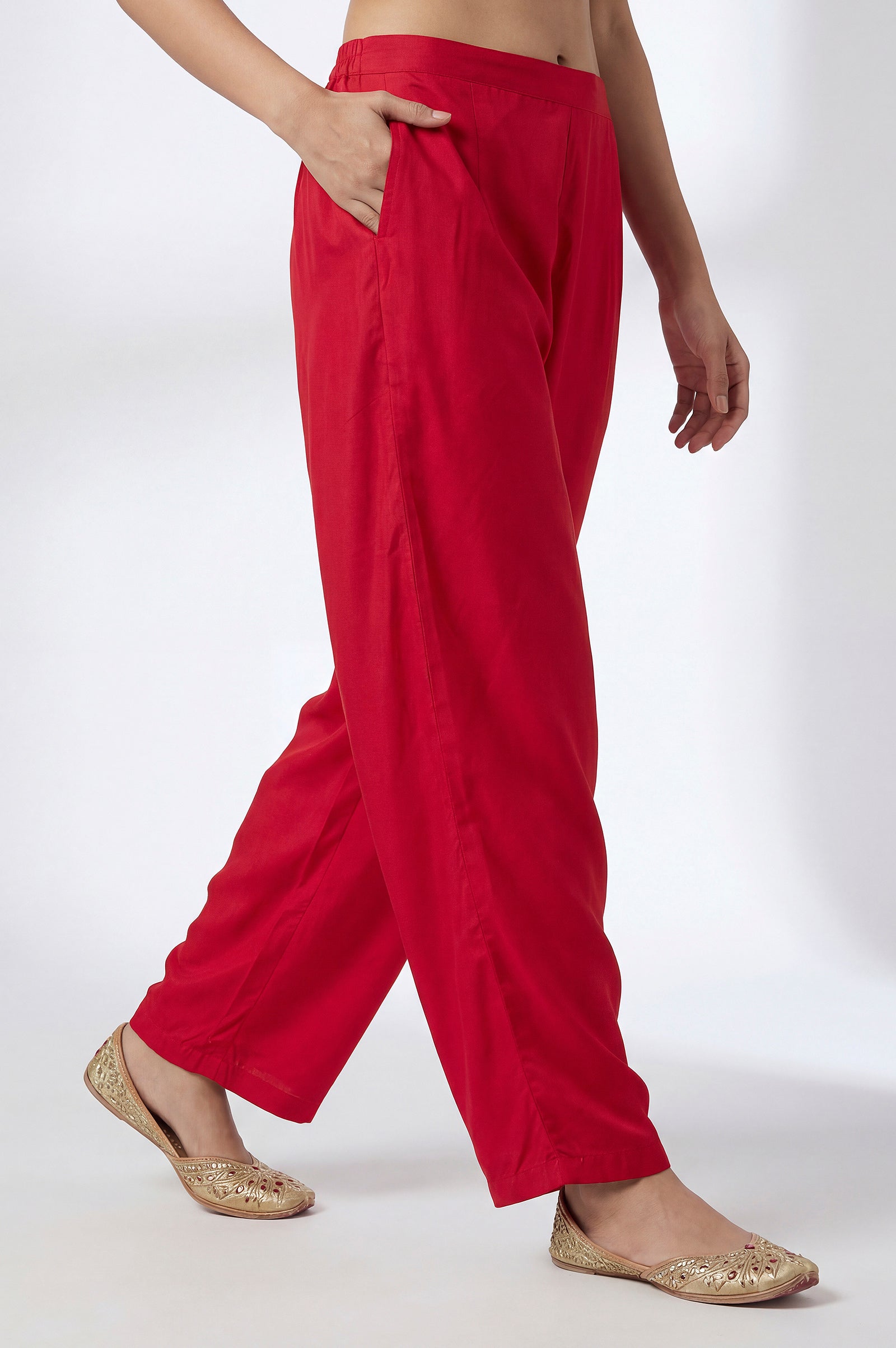 Red Chinnon Embroidered Straight Kurta Set