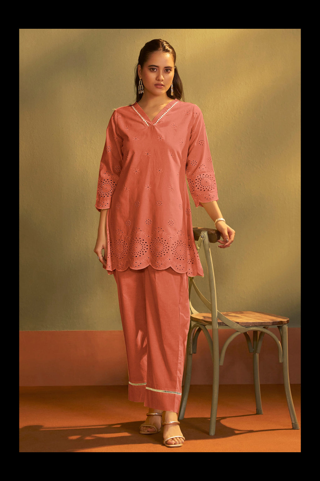 Women’s Pure Cotton Rust Schiffli Co-Ord Set