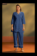 Women’s Pure Cotton Dark Blue Schiffli Co-Ord Set