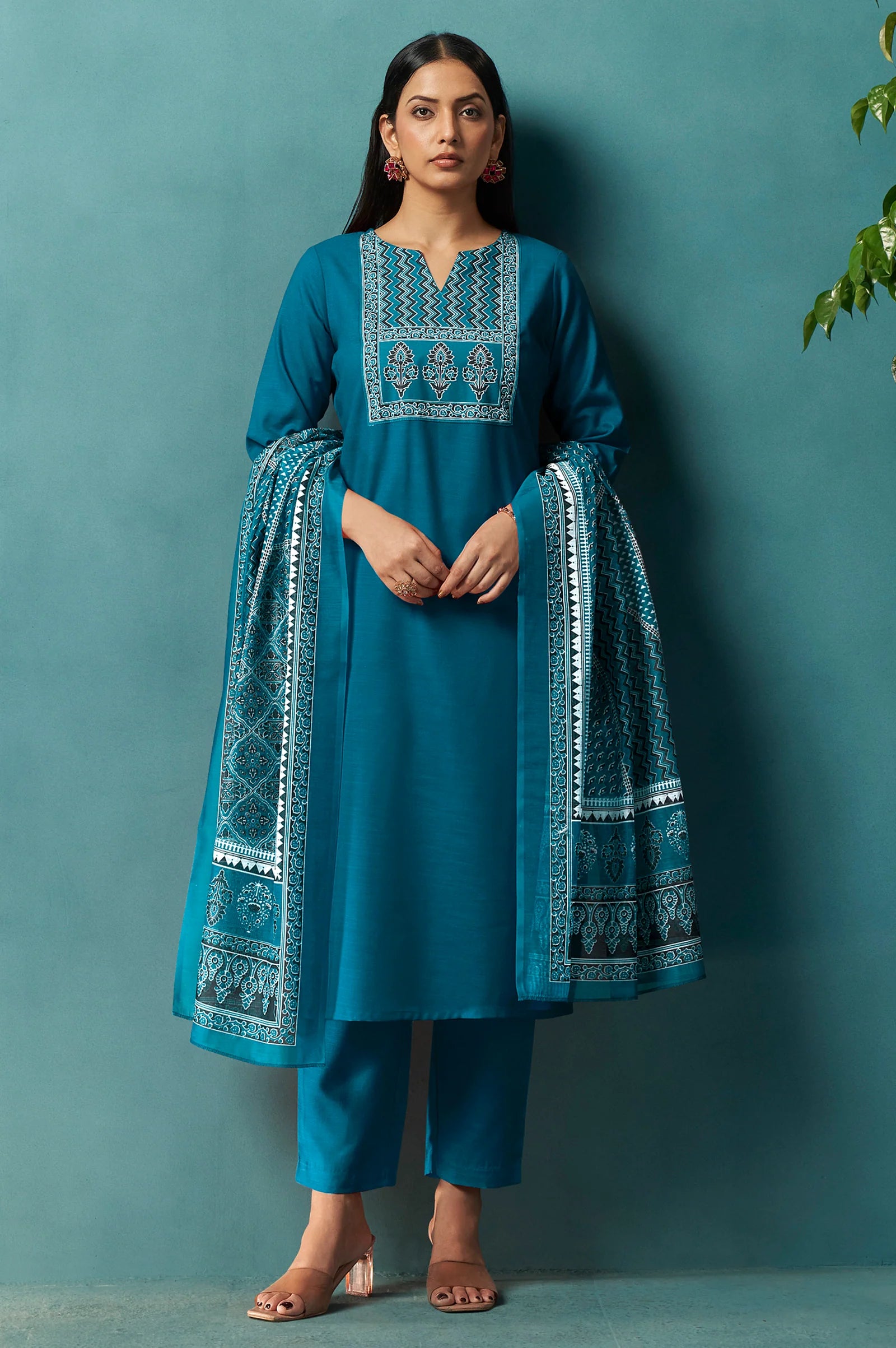 Red Cotton Blend Digital Printed Straight Kurta Set