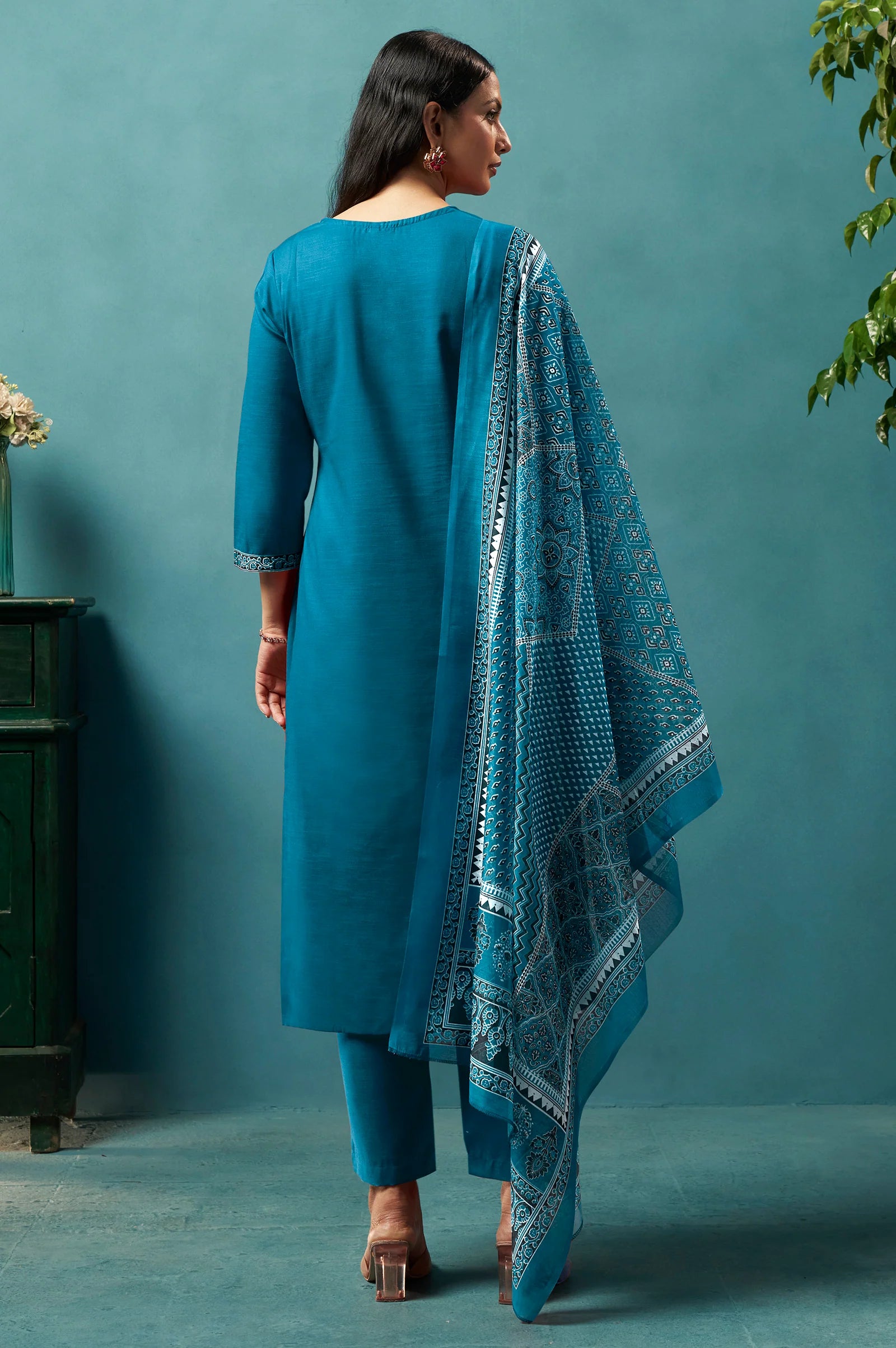 Red Cotton Blend Digital Printed Straight Kurta Set