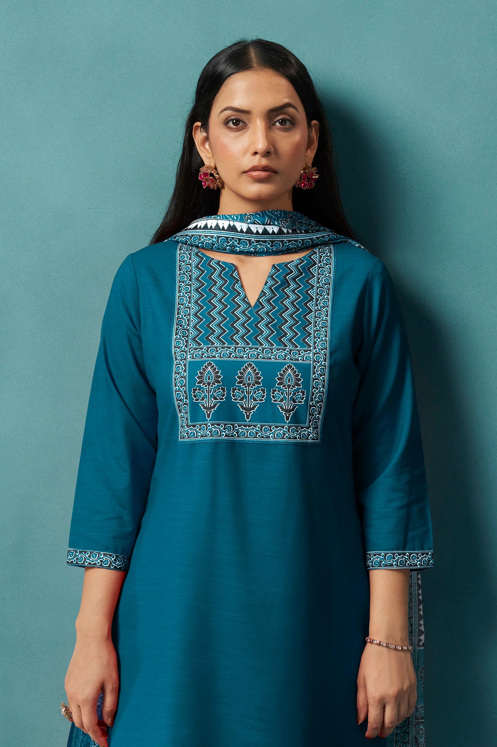 Red Cotton Blend Digital Printed Straight Kurta Set