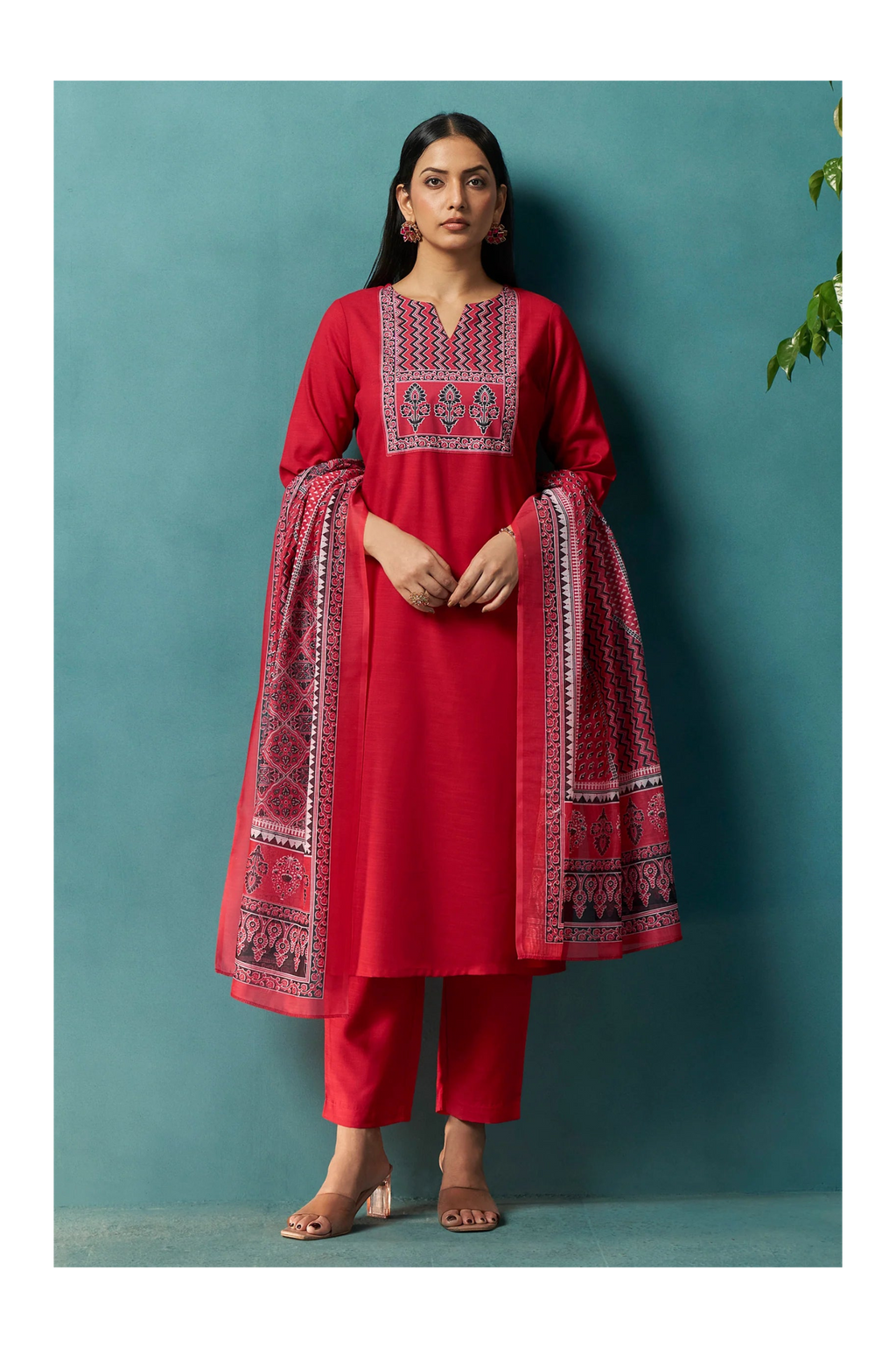 Red Cotton Blend Digital Printed Straight Kurta Set