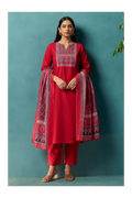 Red Cotton Blend Digital Printed Straight Kurta Set